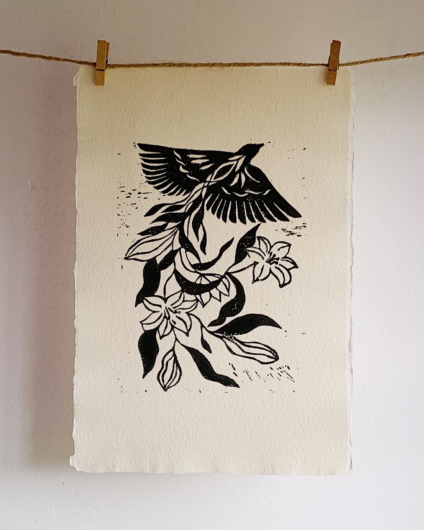 Bird art, abstract art, nature, linocut print, printmaking, handprinted art, spiritual art, japanese art,