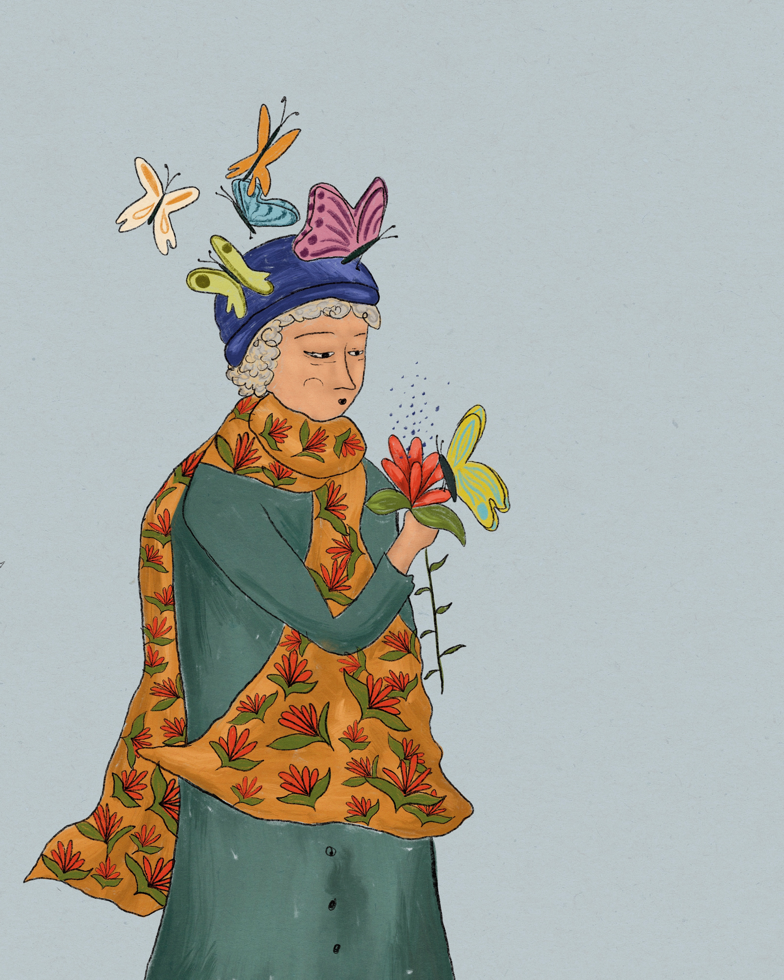 Butterfly art, cold weather art, storybook, childens illustration