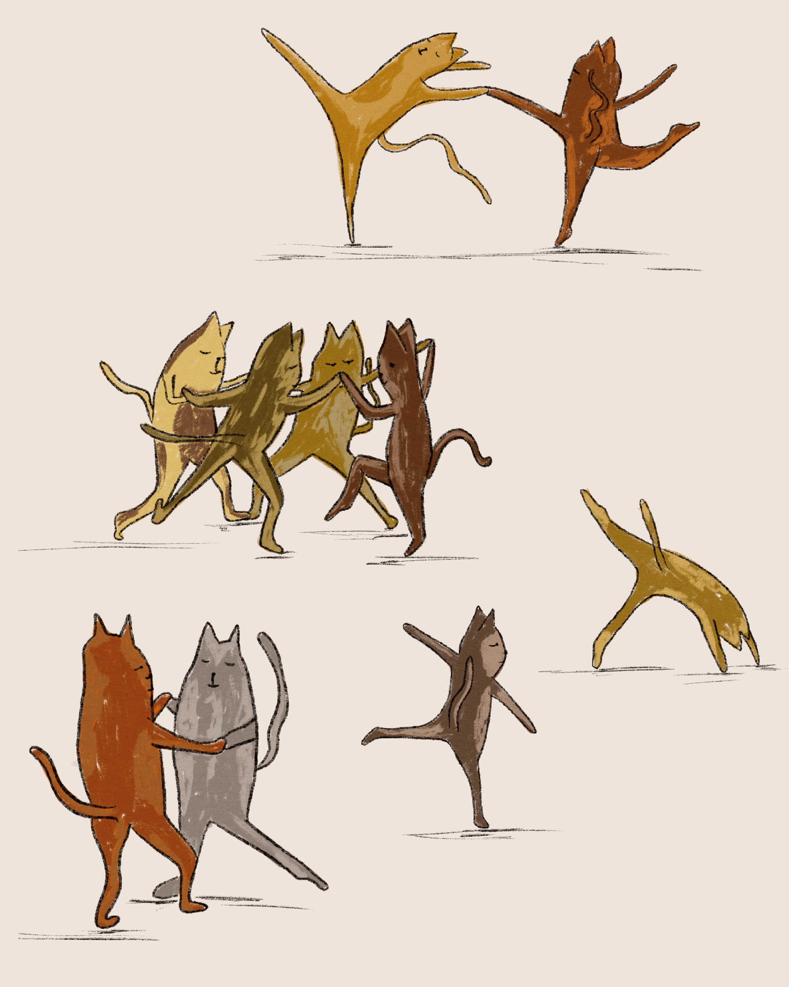 Cat art, dancing cats, storybook art, animal illustraton