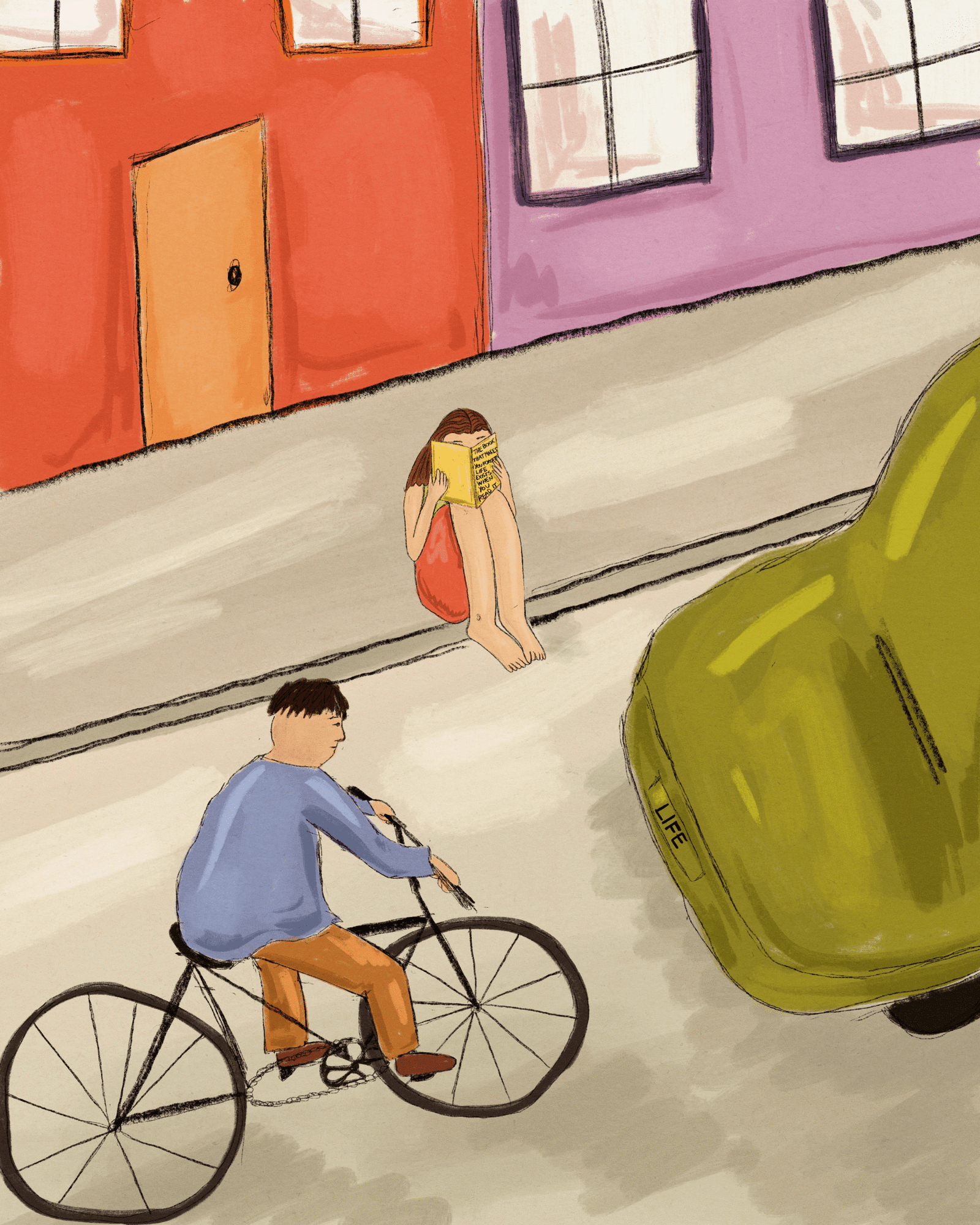 City illustration Bike illustration Car, girl reding a book, bookworm drawing