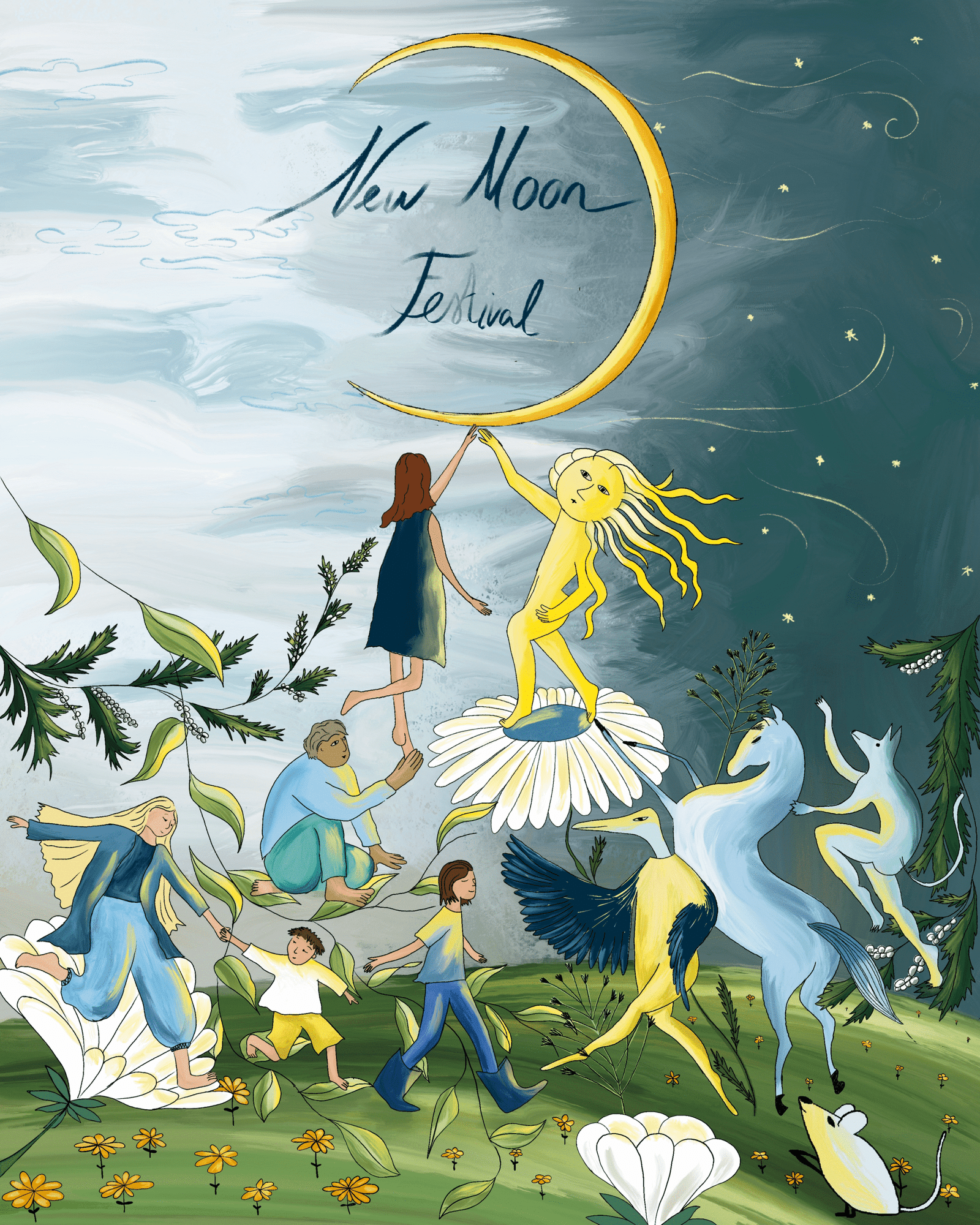 Festival poster, conscious festival, new moon festival, nature, mystical, spiritual, family