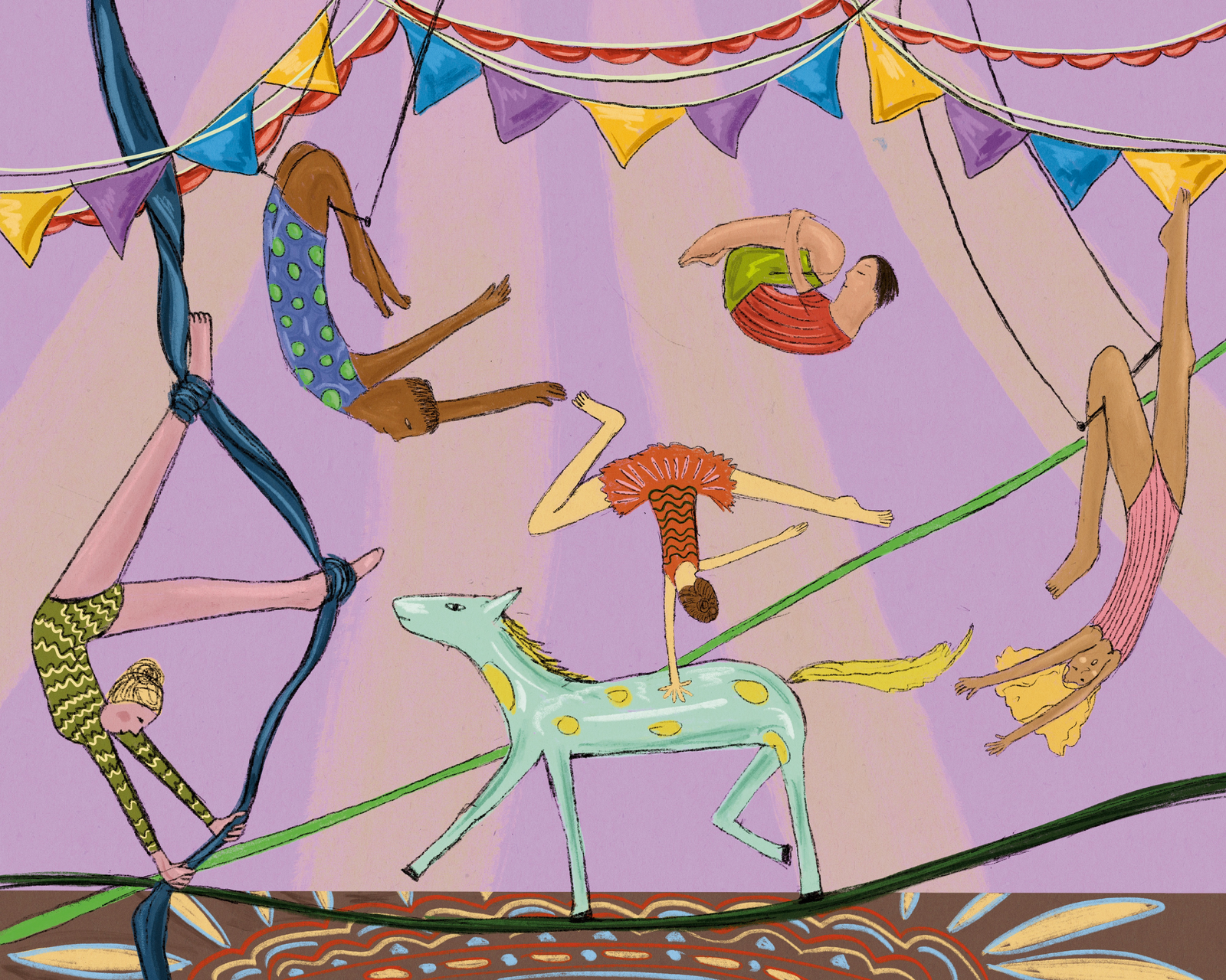 Circus illustration, inversions, gymnastics art, circus art, areal art illustration