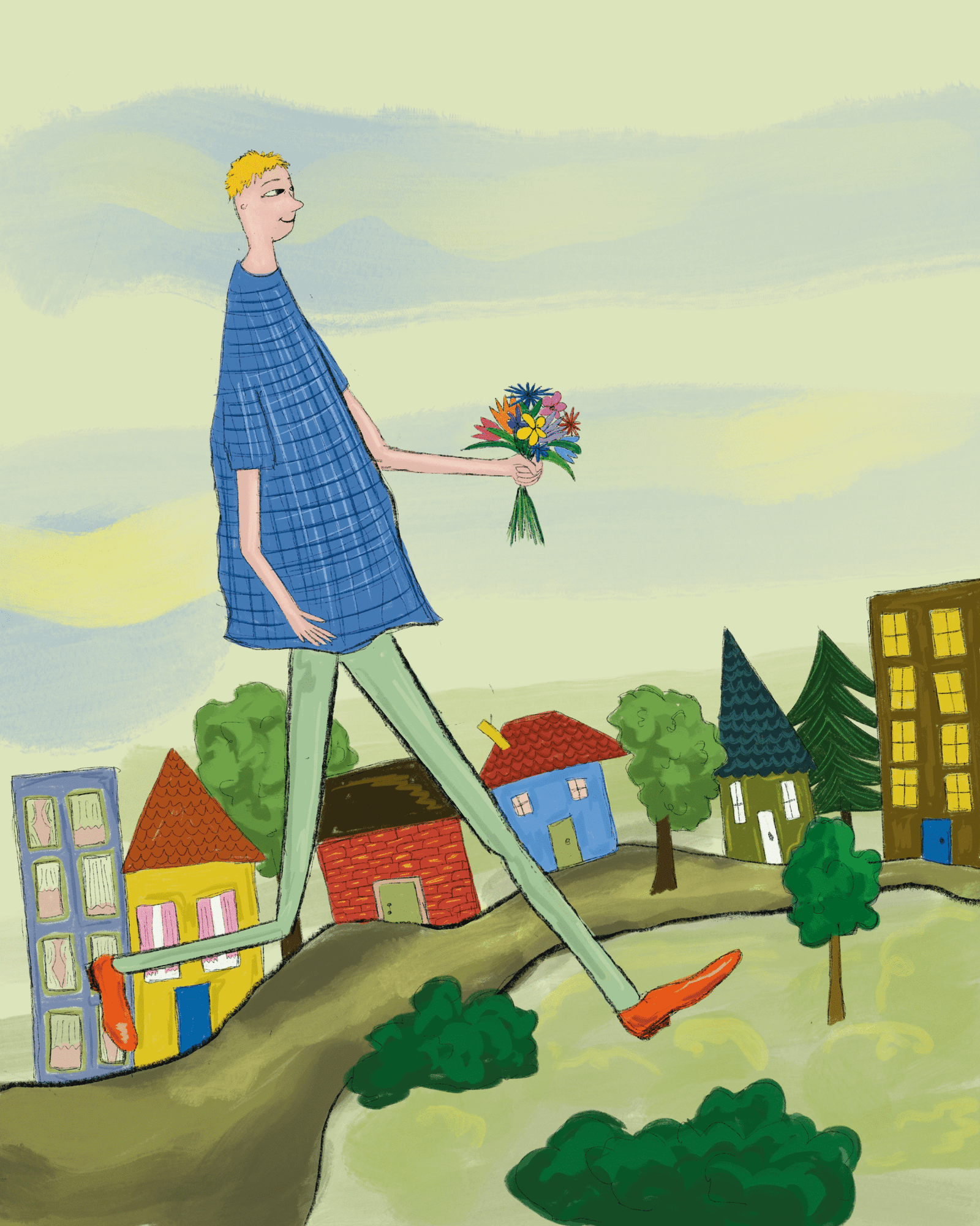 City walk, walking with flowers, childrens books illustration, happy flowers, houses, trees