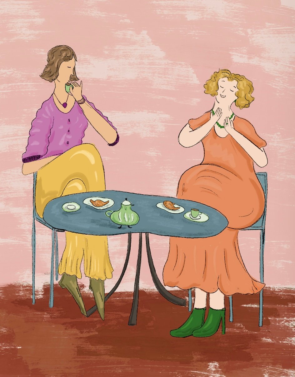 Girl therapy, funny conversation, coffee date , editorial illustration