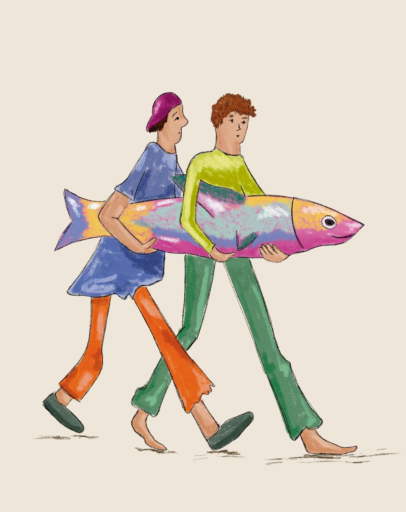 Big fish, colourful fish, two friends, having fun